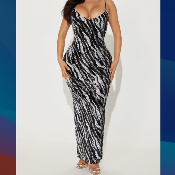 Fashion Nova (Size S) Black & White "Selena" Fully Sequin Maxi Dress (NEW-NWT) - Picture 1 of 14